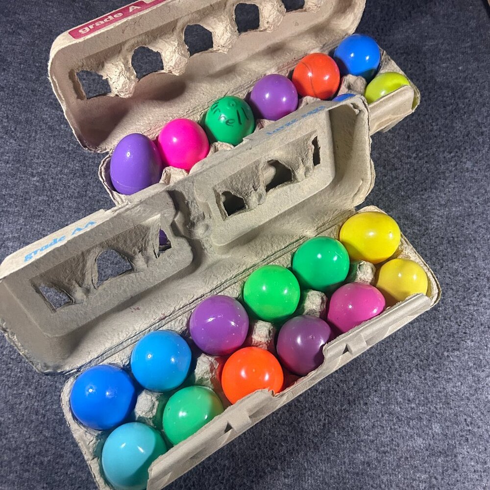 Vintage Easter Plastic Egg Candy Container Lot of 24 in 90s Cardboard Cartons